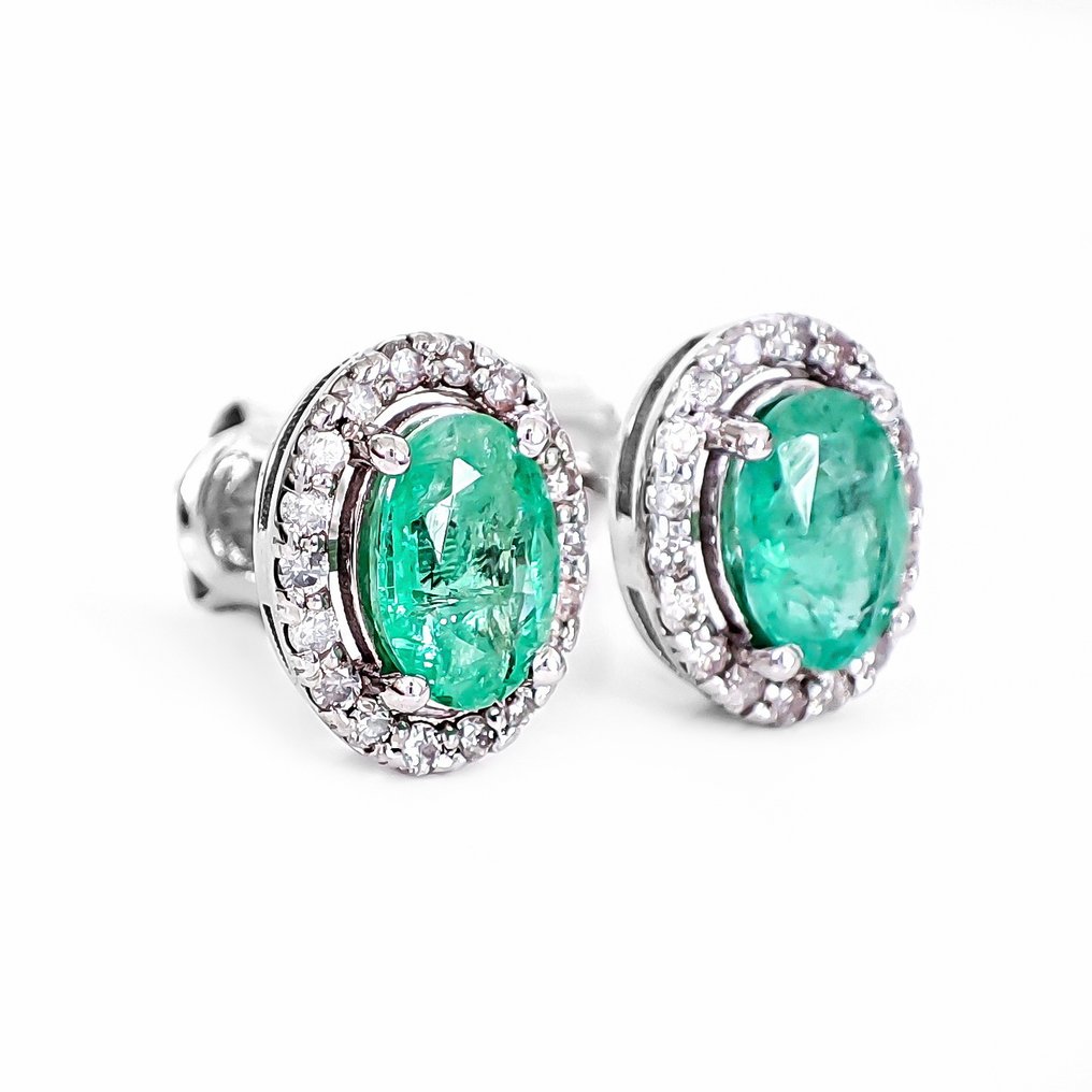 Ingen reservasjonspris - Øredobber - 14 karat Zambia, Hvitt gull - 1.82ct. tw. Smaragd - Diamant - IGI-sertifikat #2.1