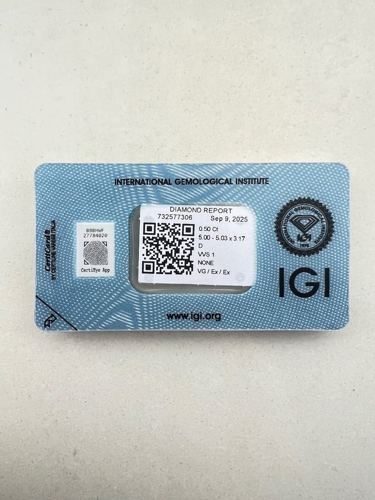 1 pcs 钻石  (天然)  - 0.50 ct - 圆形 - D (无色) - VVS1 极轻微内含一级 - 国际宝石研究院（IGI） #2.1