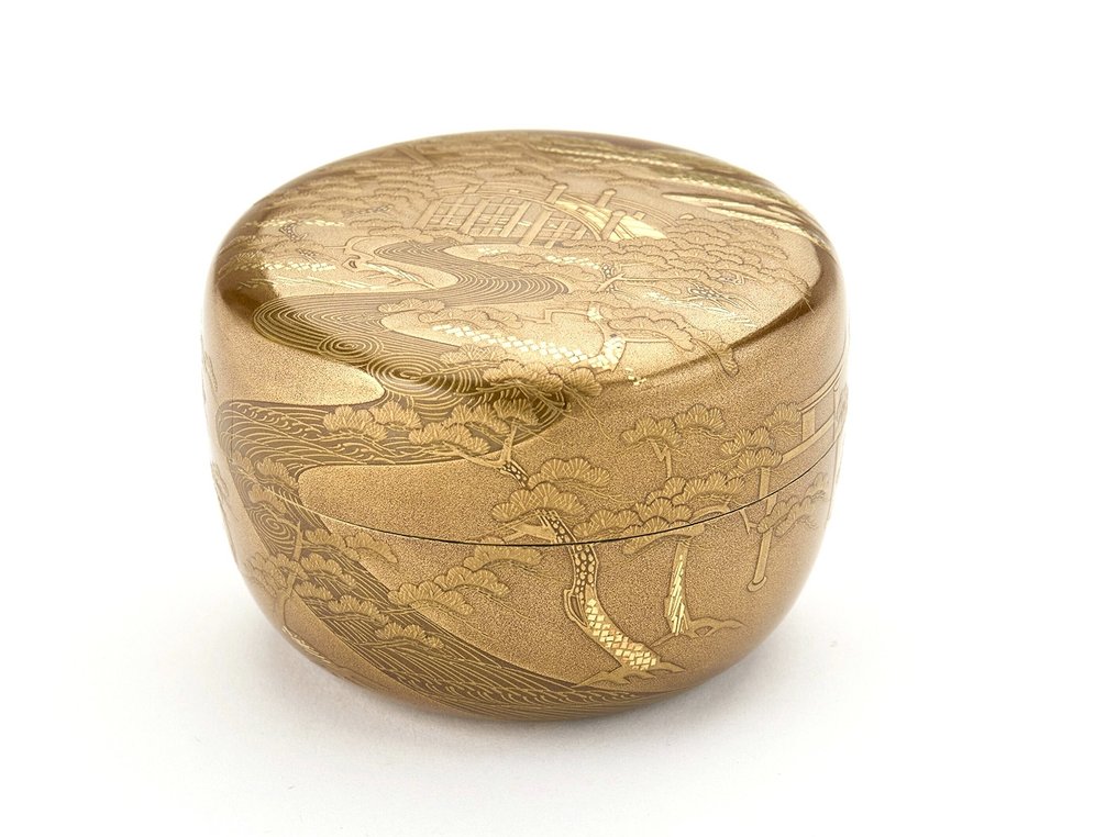 Shokyu 昭丘 - Natsume - Sumiyoshi Maki-e Flat Tea Caddy with Silk Pouch and Original Lacquered Wood Box 住吉蒔絵 平棗 #1.0