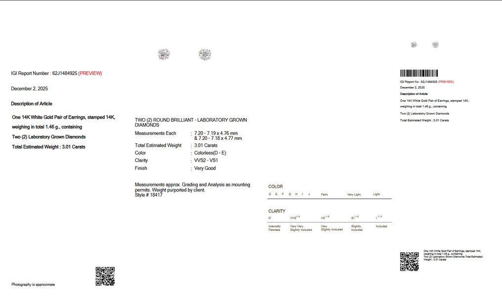 Utan reservationspris - Stiftörhängen - 14 kt Vittguld -  3.01ct. tw. Diamant (Labbodlad) - IGI-certifierad #1.0