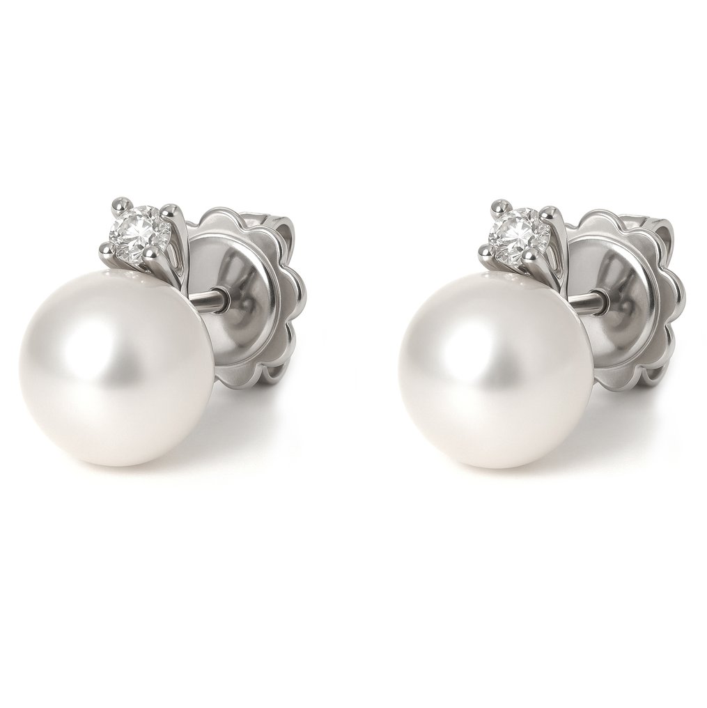 耳环 - 18K包金 白金 -  0.12ct. tw. 钻石 (天然)  - 珍珠 #4.3