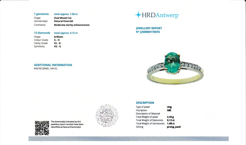 Ring - 14 karat Gull - 1.20ct. tw. Smaragd - Diamant #2.1
