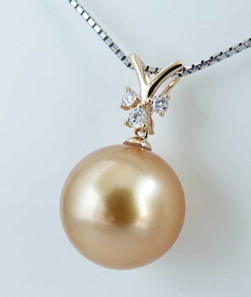 Riipus 18 kt. keltakulta - 24K kultainen kyllästyminen - Kultainen South Sea Helmi - Timantti - Pyöreä, 14,48 mm #2.1