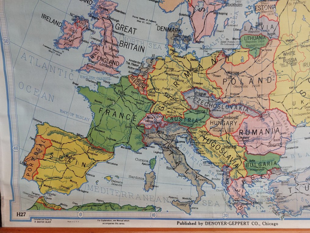 compilé et dessiné R.Baxter Blair By Samuel B.Harding Ph.D University of Minnesota - Európa 1918-1937 - compilé et dessiné R.Baxter Blair - Iskolatérkép - H27 - papírral bélelt #4.3