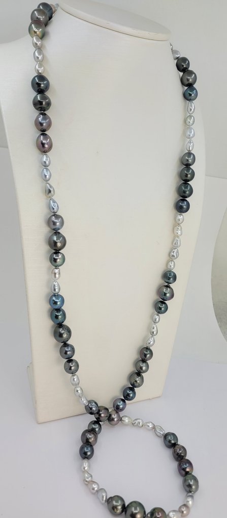 Nyaklánc 6x12mm Keshi Tahiti gyöngyök, Ezüst #1.0