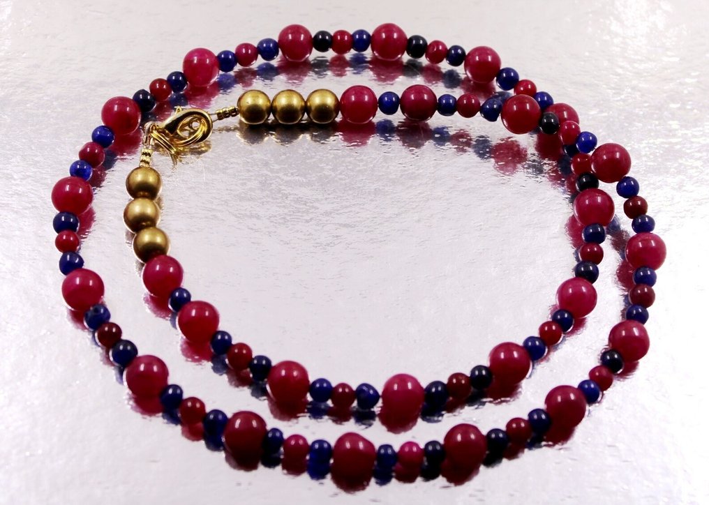 非常漂亮的项链,手工制作的红宝石和蓝宝石圆珠 - 198克拉。 珠宝- 39.6 g - (1) #2.1