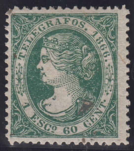 Espanha 1866 - Telégrafos. Isabel II. 1 escudo e 60 centavos, verde. - Edifil 15 #1.0
