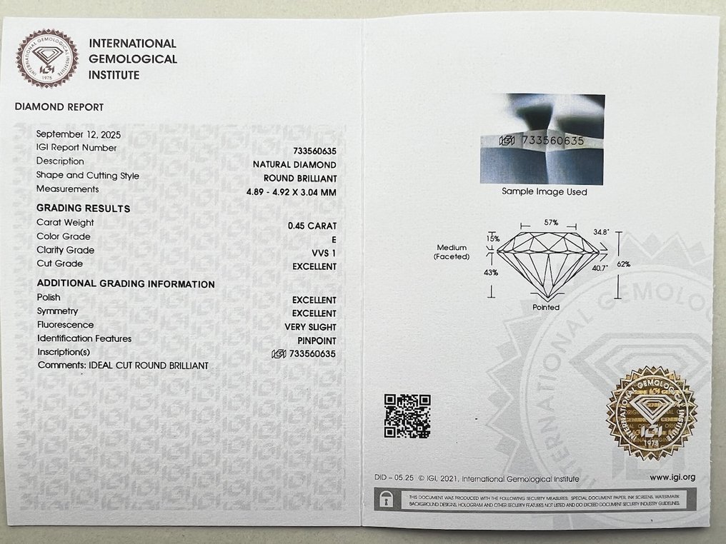 1 pcs Diamond  (Natural)  - 0.45 ct - Round - E - VVS1 - International Gemological Institute (IGI) #3.2