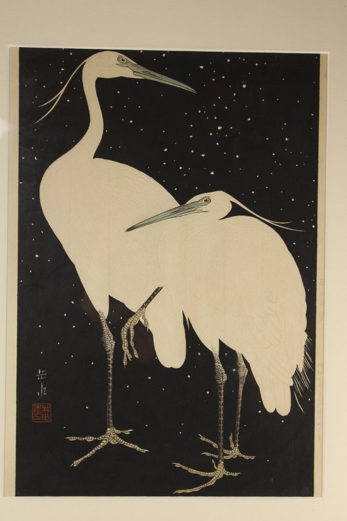 Two Herons in the Snow - 雪中白鷺 - Ide Gakusui (1899-1982) - 日本  (没有保留价) #1.0