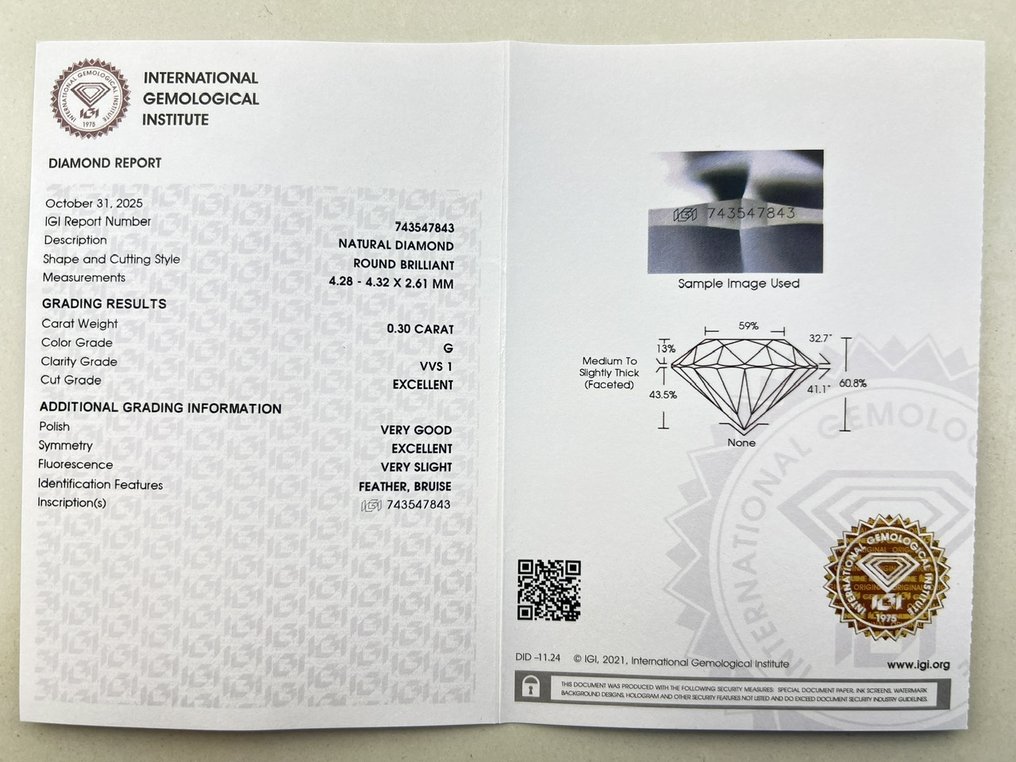 χωρίς τιμή ασφαλείας - 1 pcs Διαμάντι  (Φυσικό)  - 0.30 ct - Στρογγυλό - G - VVS1 - International Gemological Institute (IGI) #3.2