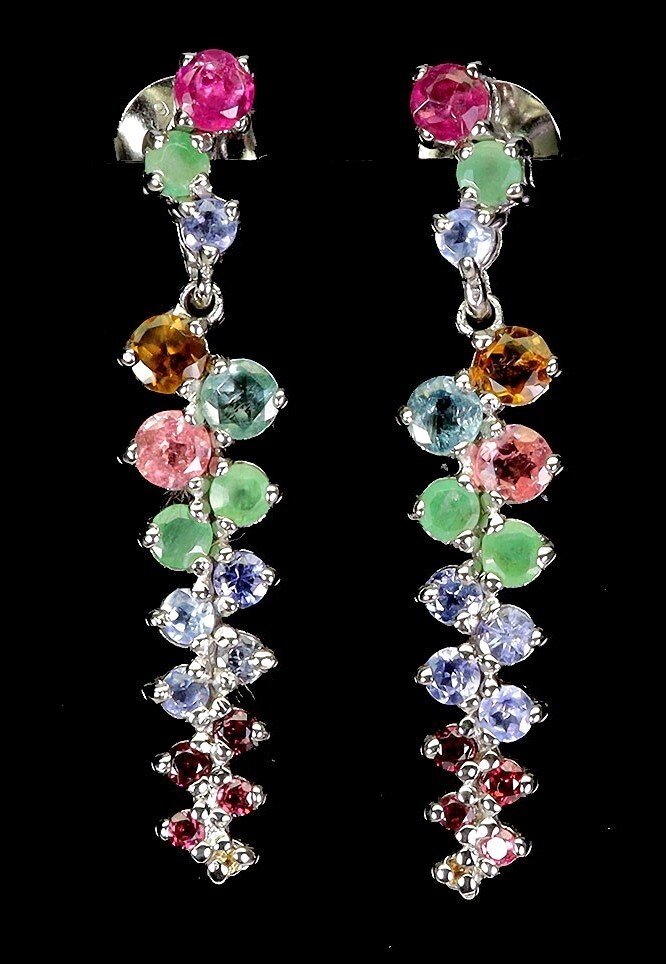 Sans prix de réserve - Boucles d'oreilles Argent Tourmaline - Emerald, Tanzanite, Garnet #1.0