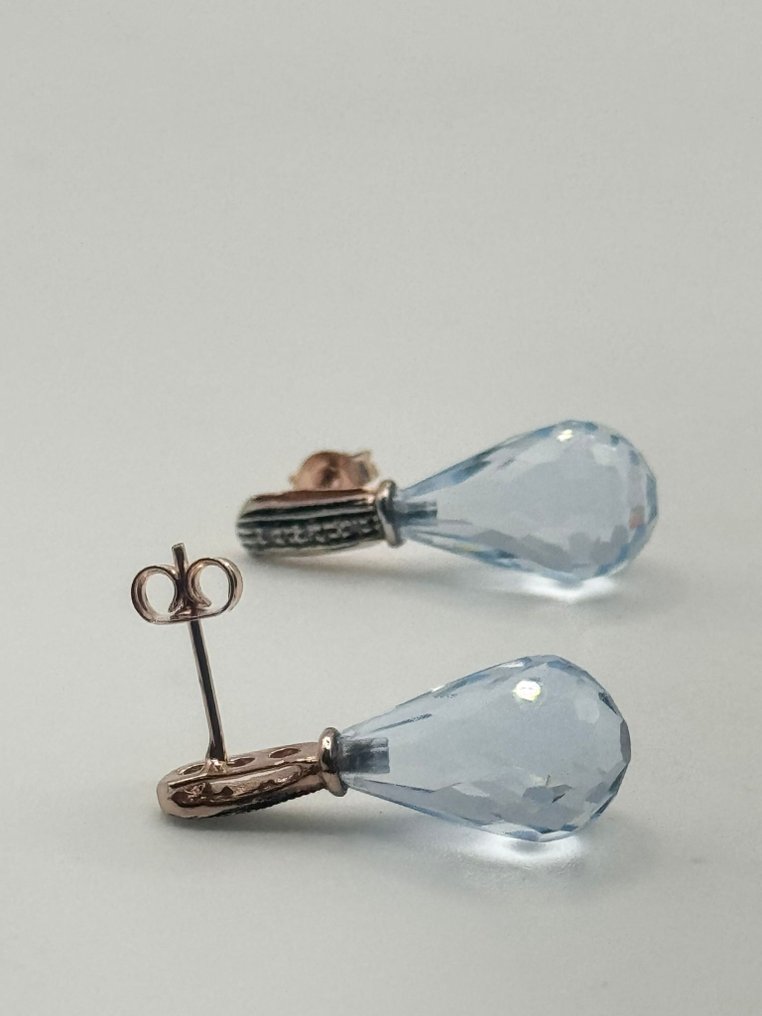 Nincs minimálár - Drop fülbevaló - 9 Kt Ezüst, Rózsa arany Akvamarin - Gyémánt #3.2