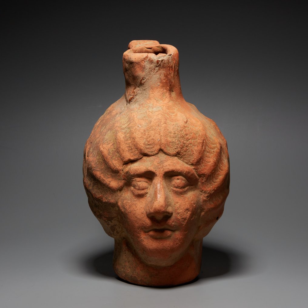 Ancient Roman Terracotta Pitcher in the shape of a human head. 1st-3rd century AD. 17.5 cm height. #1.0
