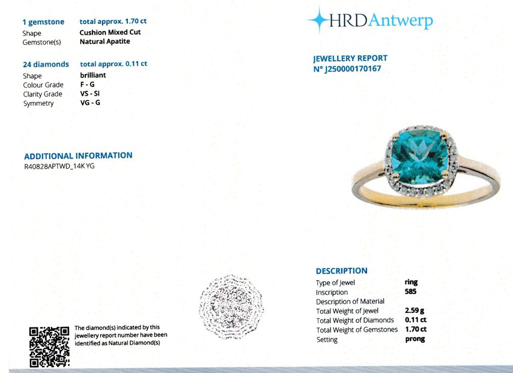 戒指 - 14 克拉 黃金 -  1.81ct. tw. 磷灰石 - 鉆石 #2.1