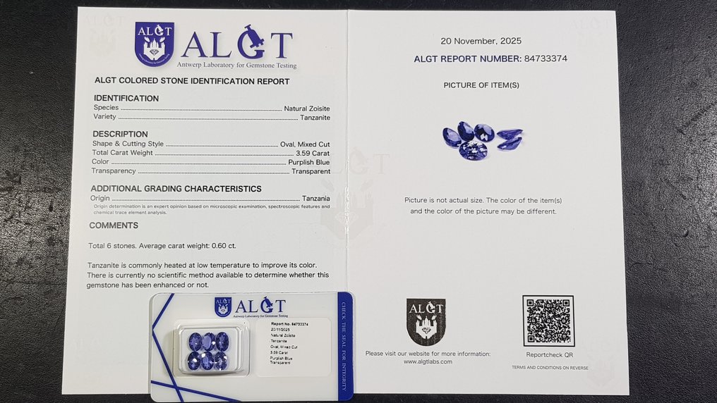 6 pcs  Blå Tanzanit  - 3.59 ct - Antwerp Laboratory for Gemstone Testing (ALGT) #3.2