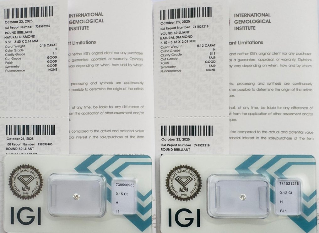 χωρίς τιμή ασφαλείας - 2 pcs Διαμάντι (Φυσικό) - 0.27 ct - Στρογγυλό - H - I1, SI1 - International Gemological Institute (IGI) - Ζεύγος #2.1