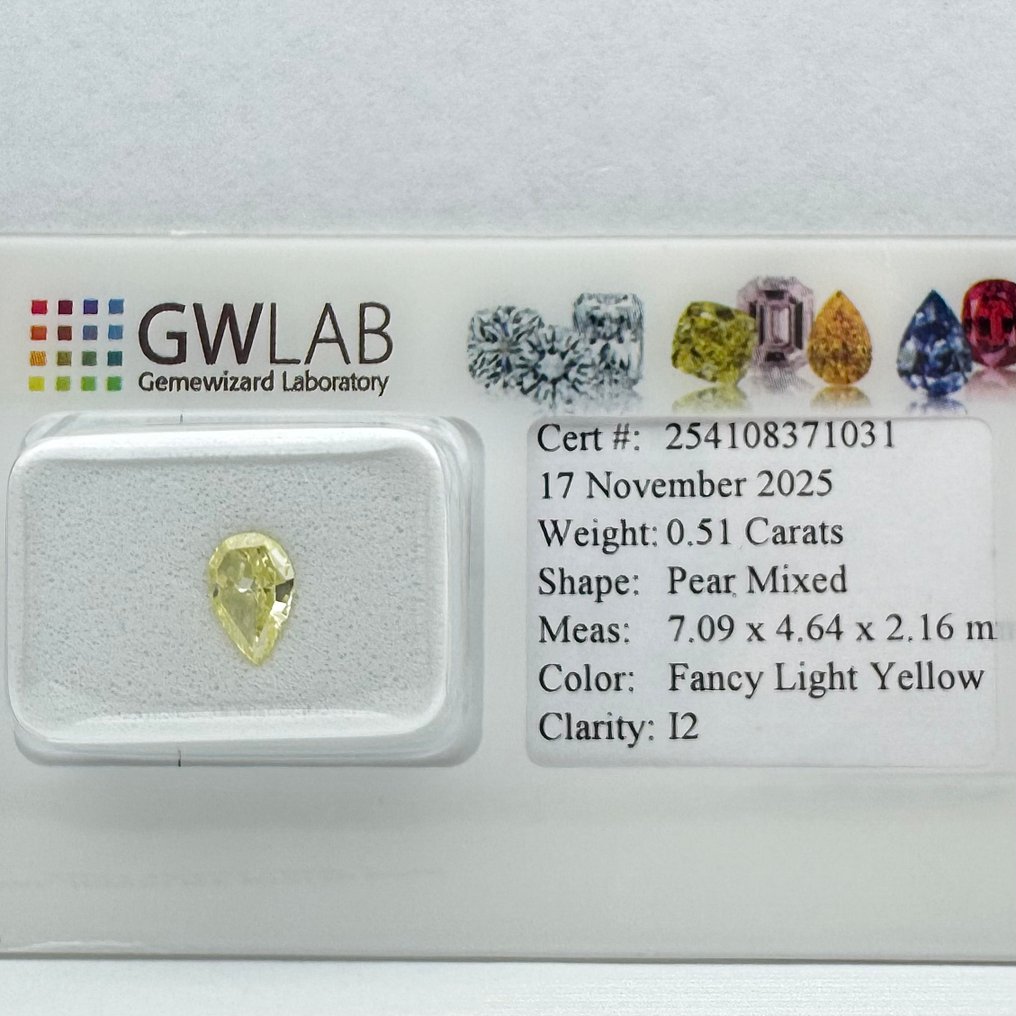没有保留价 - 1 pcs 钻石  (天然色彩的)  - 0.51 ct - 梨形 - Fancy light 黄色 - I2 内含二级 - 国际宝石研究院（IGI） #1.0