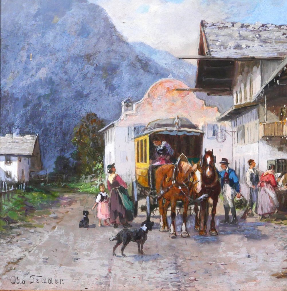 Otto Fedder - Germany, landscape of the Mittenwald (Bayern) with the horse-drawn carriage resting at the inn #1.0