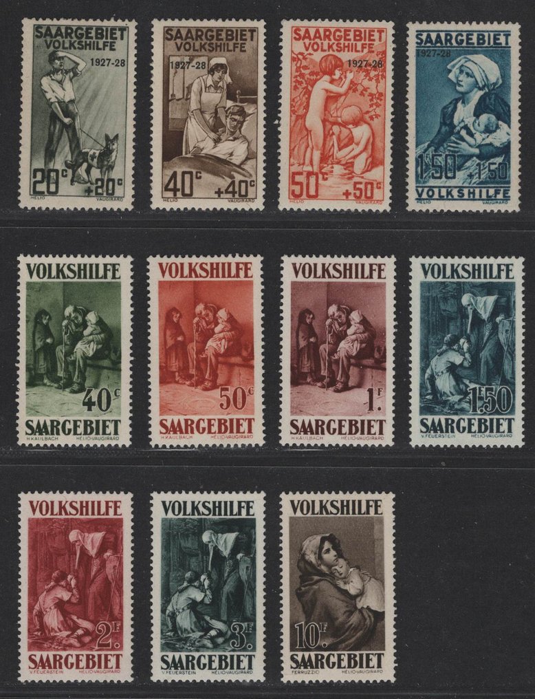 Territory of the Saar Basin 1927/1929 - two complete Volkshilfe sentences - Michel 122-125, 135-141 #1.0