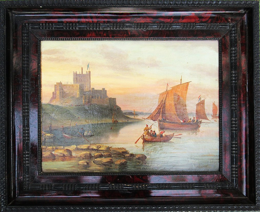 European school (XIX) - Küstenszene mit Seegelschiffen und einer Burg im Hintergrund #1.0