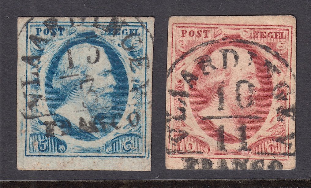 荷蘭 1852 - Koning Willem III，与半圆 Vlaardingen - A - NVPH 1 + 2 #1.0