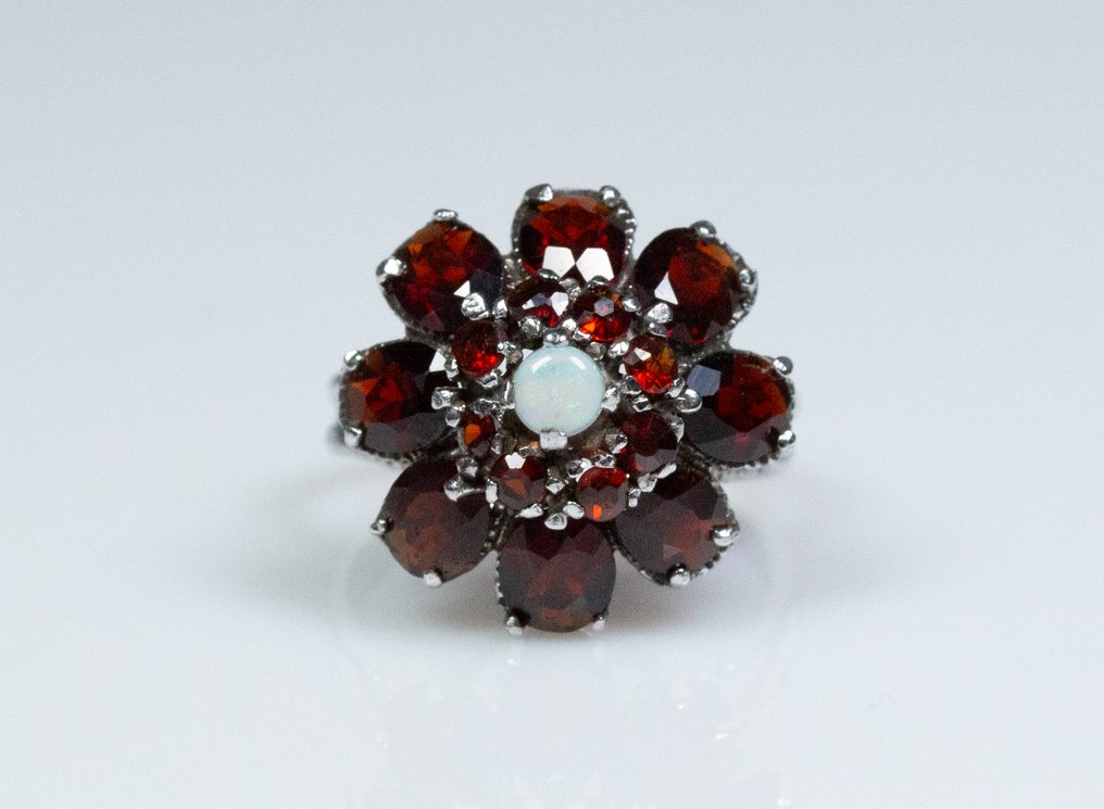 No reserve price - Ring - 925 silver - garnet - opal - handcrafted #1.0