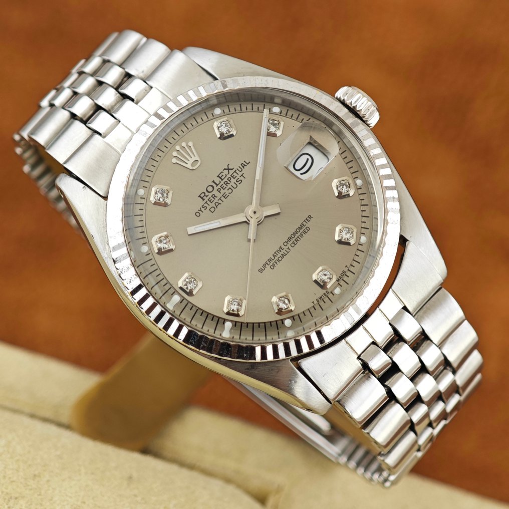 Rolex - DateJust 36 Pie Pan 'Grey Diamonds Dial' Fluted Solid Gold Bezel - No reserve price - Ref. 1601 - Men - 1970-1979  #1.0