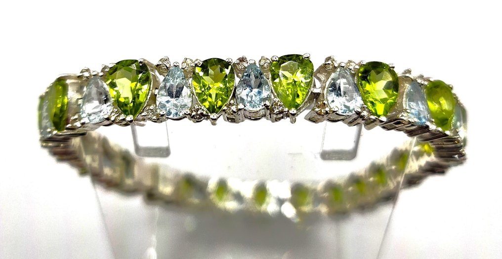 χωρίς τιμή ασφαλείας - Βραχιόλι τένις Ασημί -  28.00ct. tw. Ακουαμαρίνης - Διαμάντι #1.0