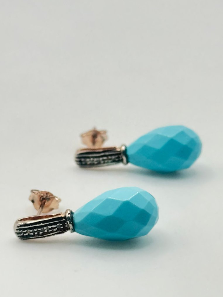 Nincs minimálár - Drop fülbevaló - 9 Kt Ezüst, Rózsa arany Türkiz - Gyémánt #1.0