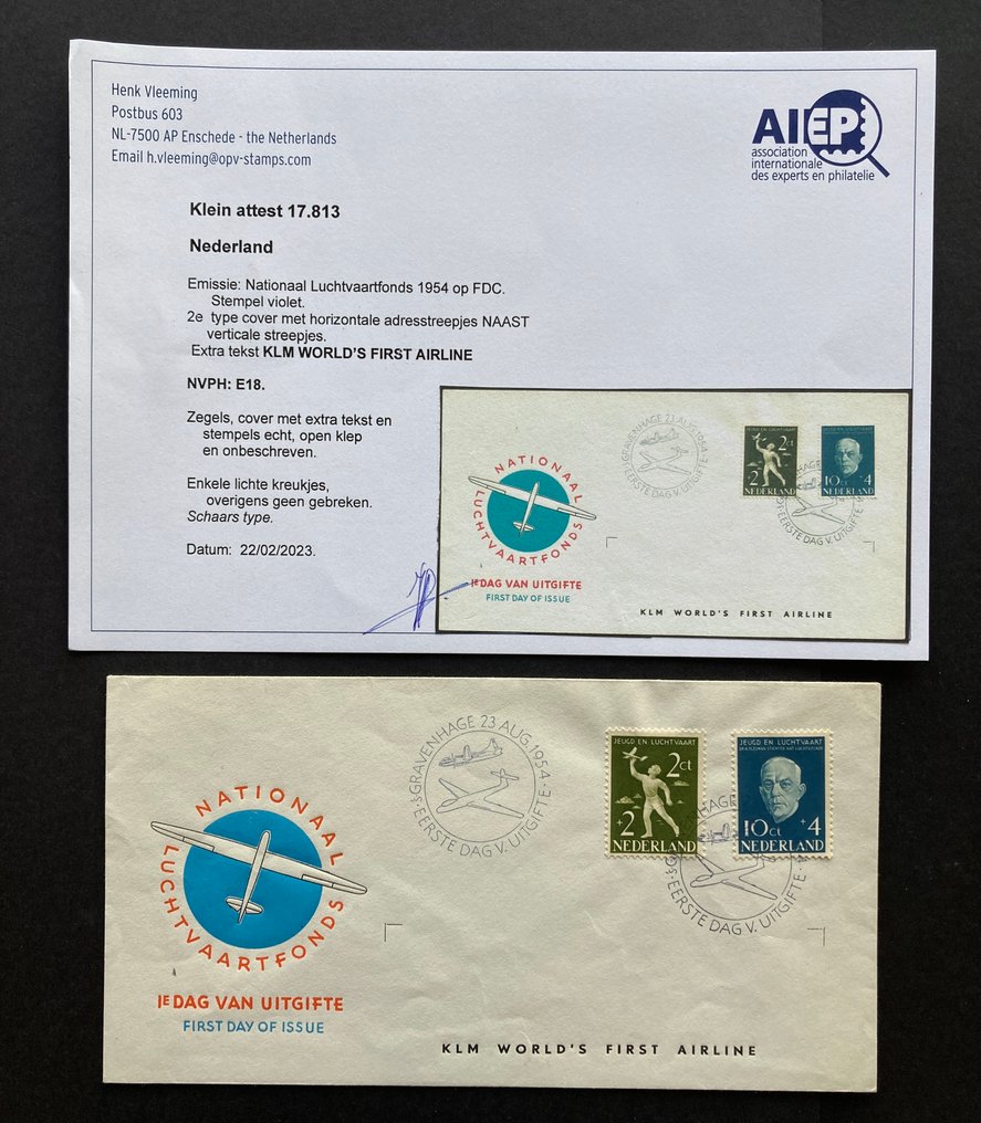 荷兰 1954 - FDC - 航空基金 - 额外文本变体 - 稀有类型封面 - NVPH E18 #1.0