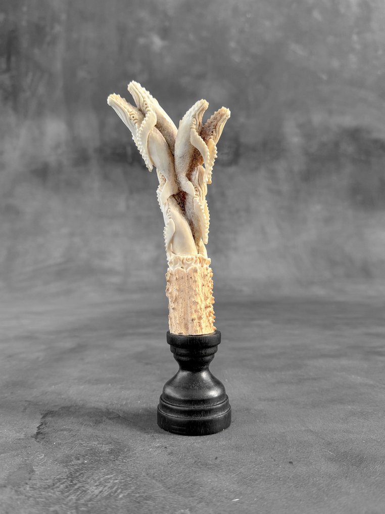 Udskæring, NO RESERVE PRICE - Stunning Pods of Blue Whales Carving from a Deer Antler on a custom stand - 20 cm - Deer Antler - 2025 #2.1