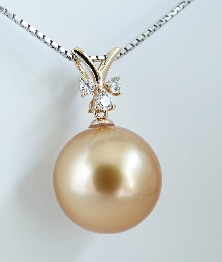 Riipus 18 kt. keltakulta - 24K kultainen kyllästyminen - Kultainen South Sea Helmi - Timantti - Pyöreä, 14,48 mm #4.3