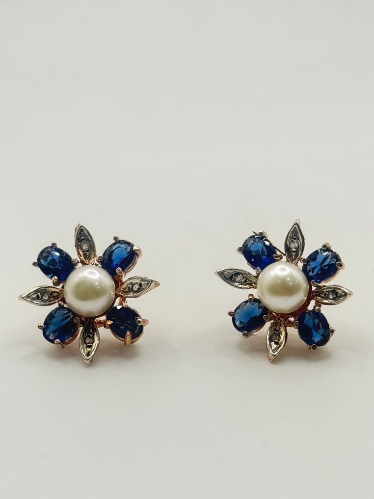 沒有保留價 - 耳環 - 9 節 銀, 玫瑰金 藍寶石 - 珍珠 #1.0