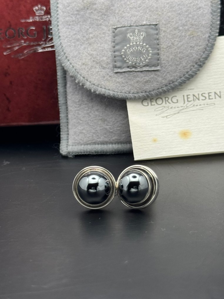 Georg Jensen - Srebro - Spinki - Hematite - pudełko i torba na kurz #4.3