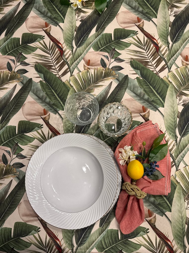 San Leucio - Față de masă mare și exclusivistă cu palmieri și calas. - Față de masă  - 250 cm - 140 cm #1.0