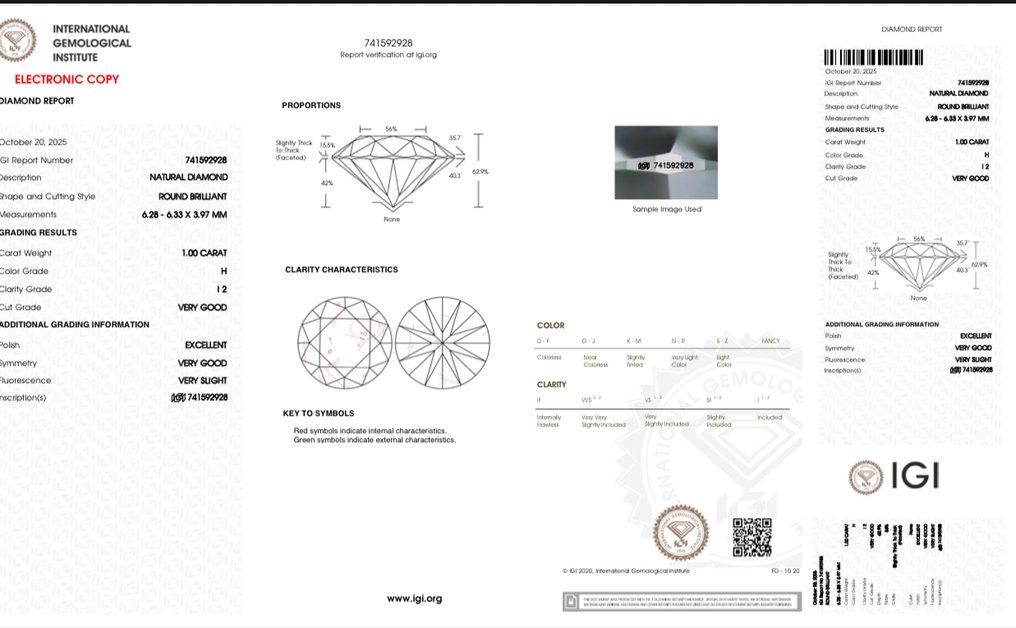 没有保留价 - 1 pcs 钻石 (天然) - 1.00 ct - 圆形 - H - I2 内含二级 - 国际宝石研究院(IGI) #4.3