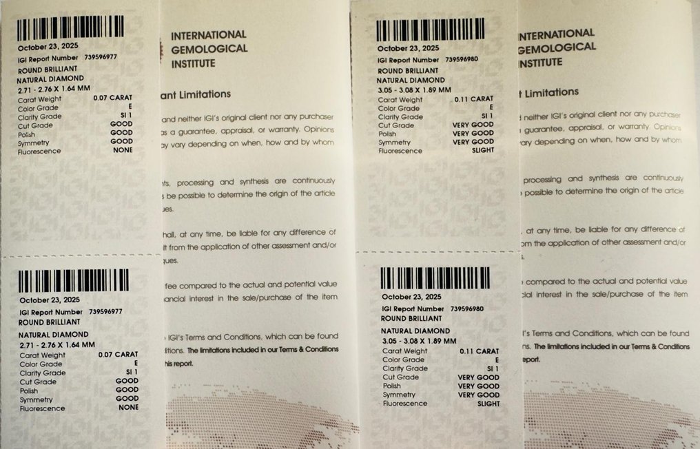 Zonder minimumprijs - 2 pcs Diamant (Natuurlijk) - 0.18 ct - Rond - E - SI1 - International Gemological Institute (IGI) - Matching Pair #3.2
