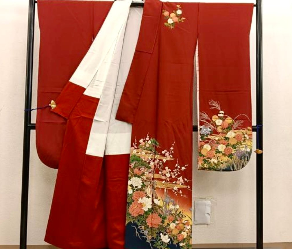 古董日本和服 – 花卉图案 – 红色 - 絲 - 日本 - 20世紀 #1.0