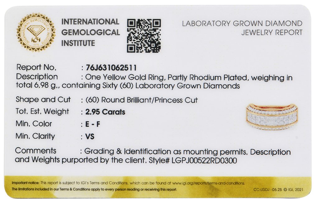 Sormus - 14 kt. Keltakulta - 2.95ct. tw. Timantti (Laboratoriossa kasvatettu) - Timantti #2.1