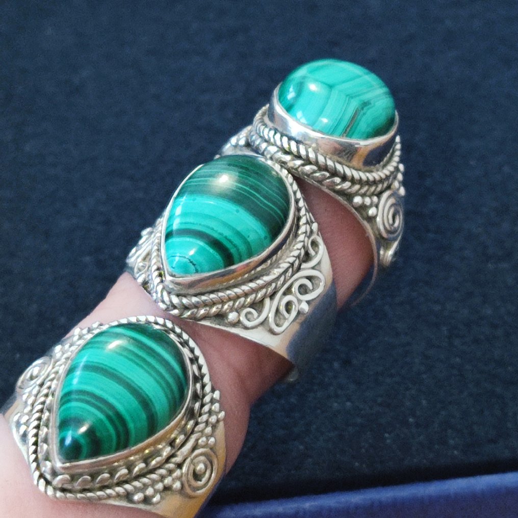 Berber ring x 3 - Massive silver, malachite-type stone - Morocco - Late 20th century #4.3