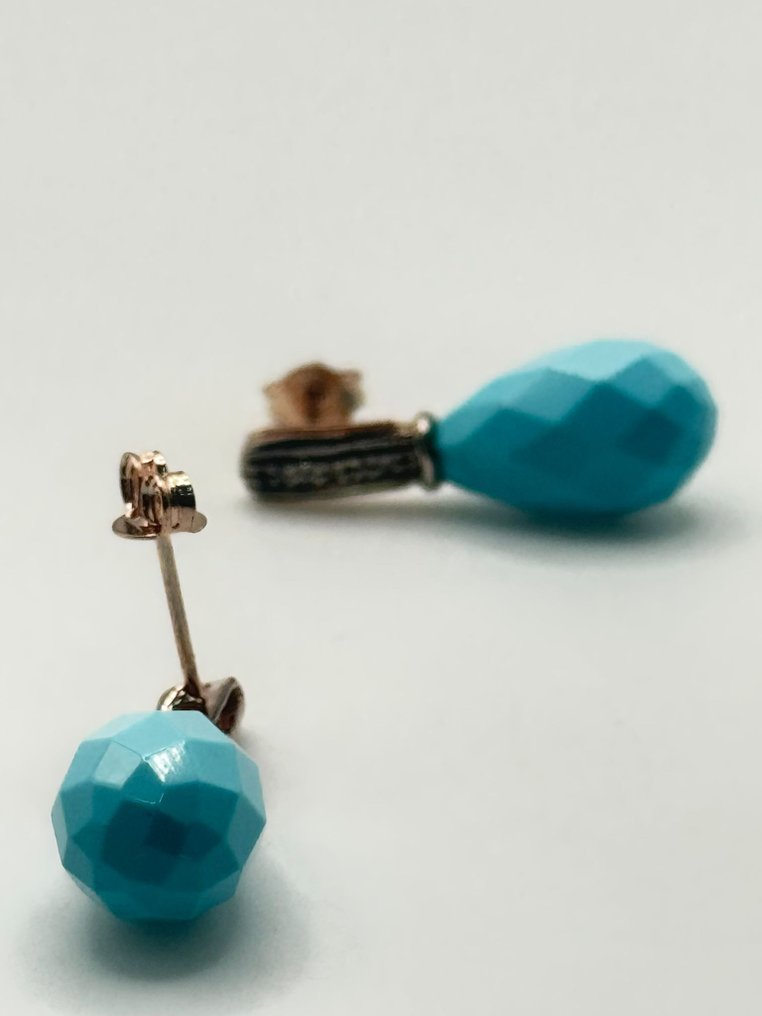 Nincs minimálár - Drop fülbevaló - 9 Kt Ezüst, Rózsa arany Türkiz - Gyémánt #3.2