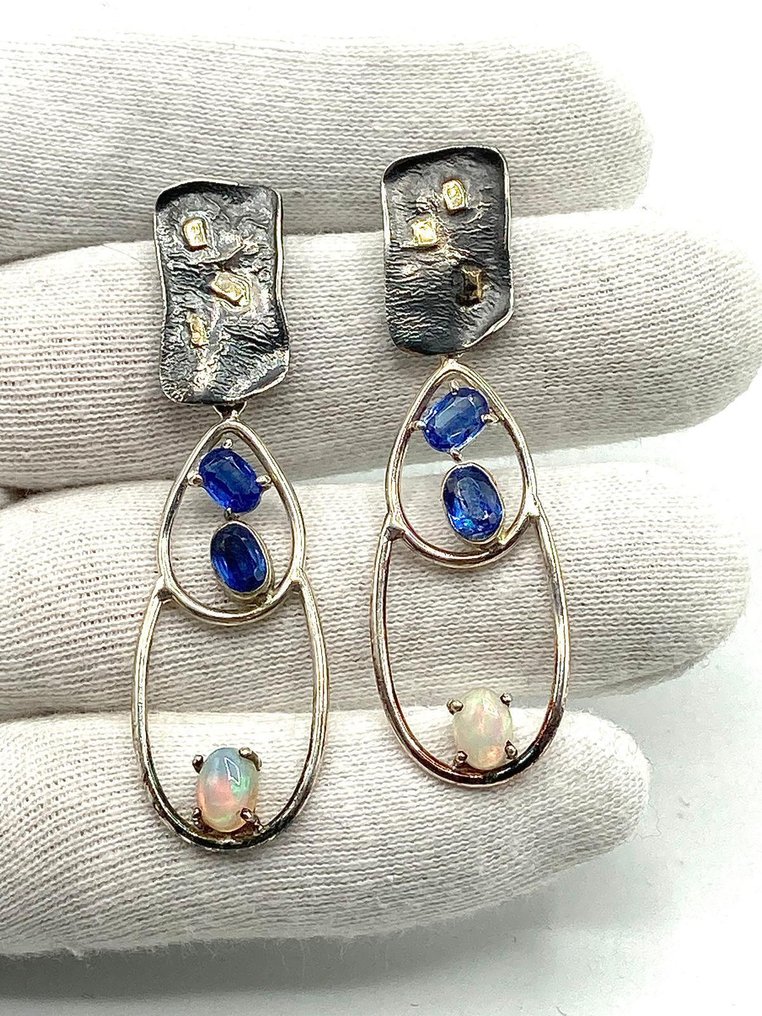 没有保留价 - 耳环 - 18K包金 银, 黄金 蓝晶石 - 蛋白石 #4.3