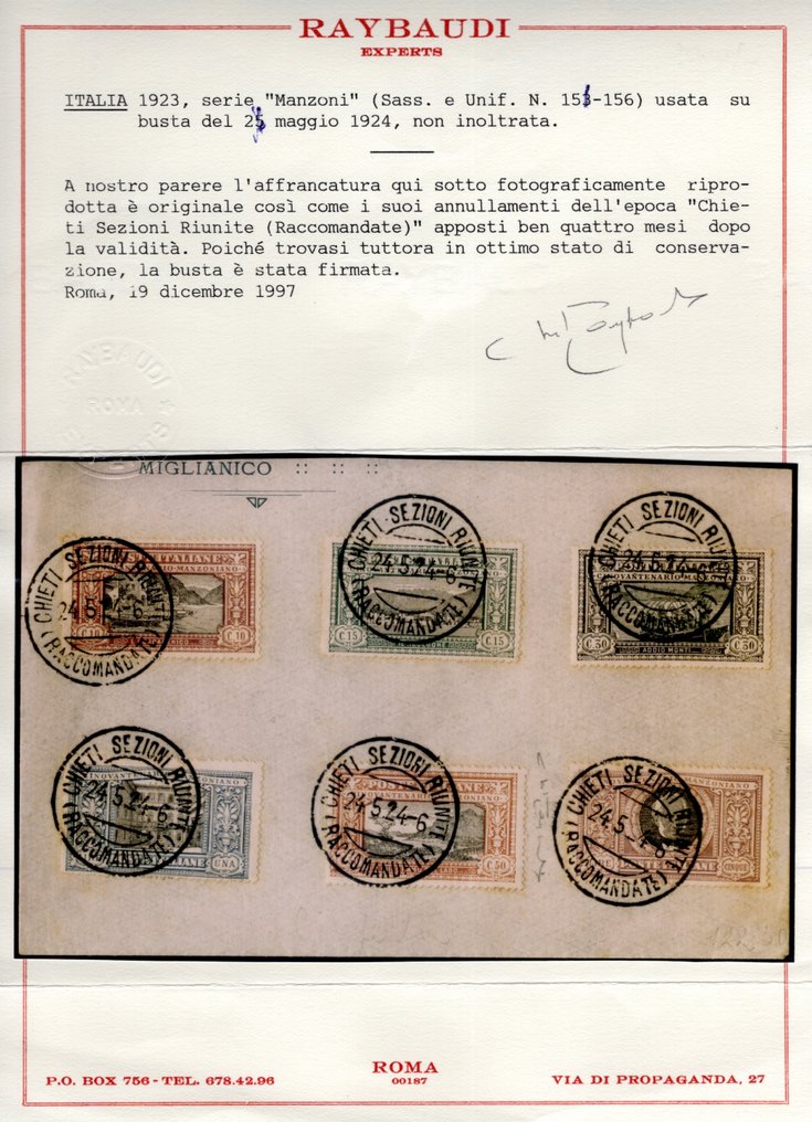 Olasz Királyság 1923 - „Manzoni” – A teljes sorozat, amit egy nem feladott borítékon használtak, 4 hónappal a postai - Sassone n. 151/156 #2.1