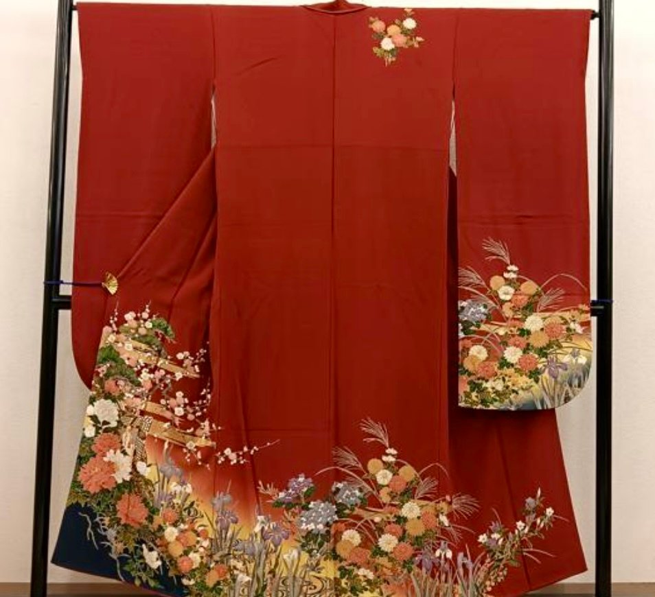 古董日本和服 – 花卉图案 – 红色 - 絲 - 日本 - 20世紀 #1.0