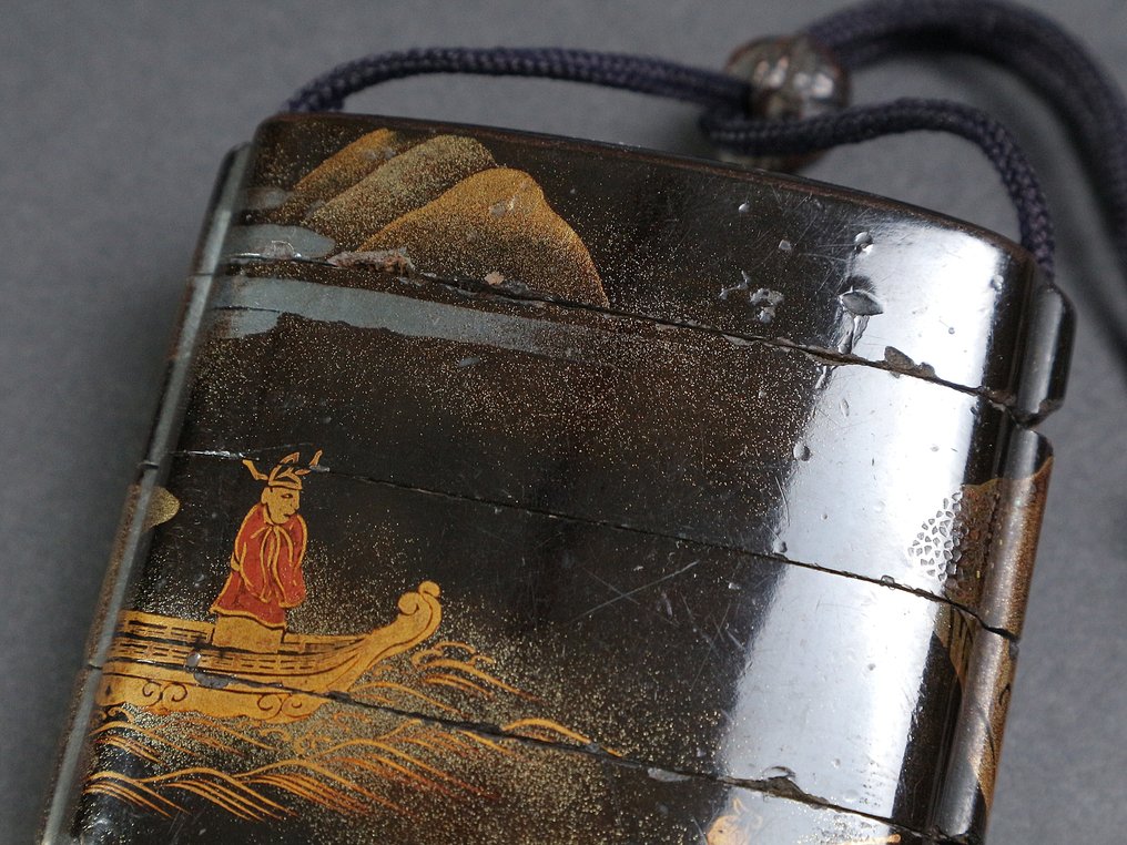 Inro Maki-e e Nashiji con uccello e fiori di prugno, con Netsuke dell'eremita della zucca - Giappone - Periodo Edo (1600-1868) #2.1