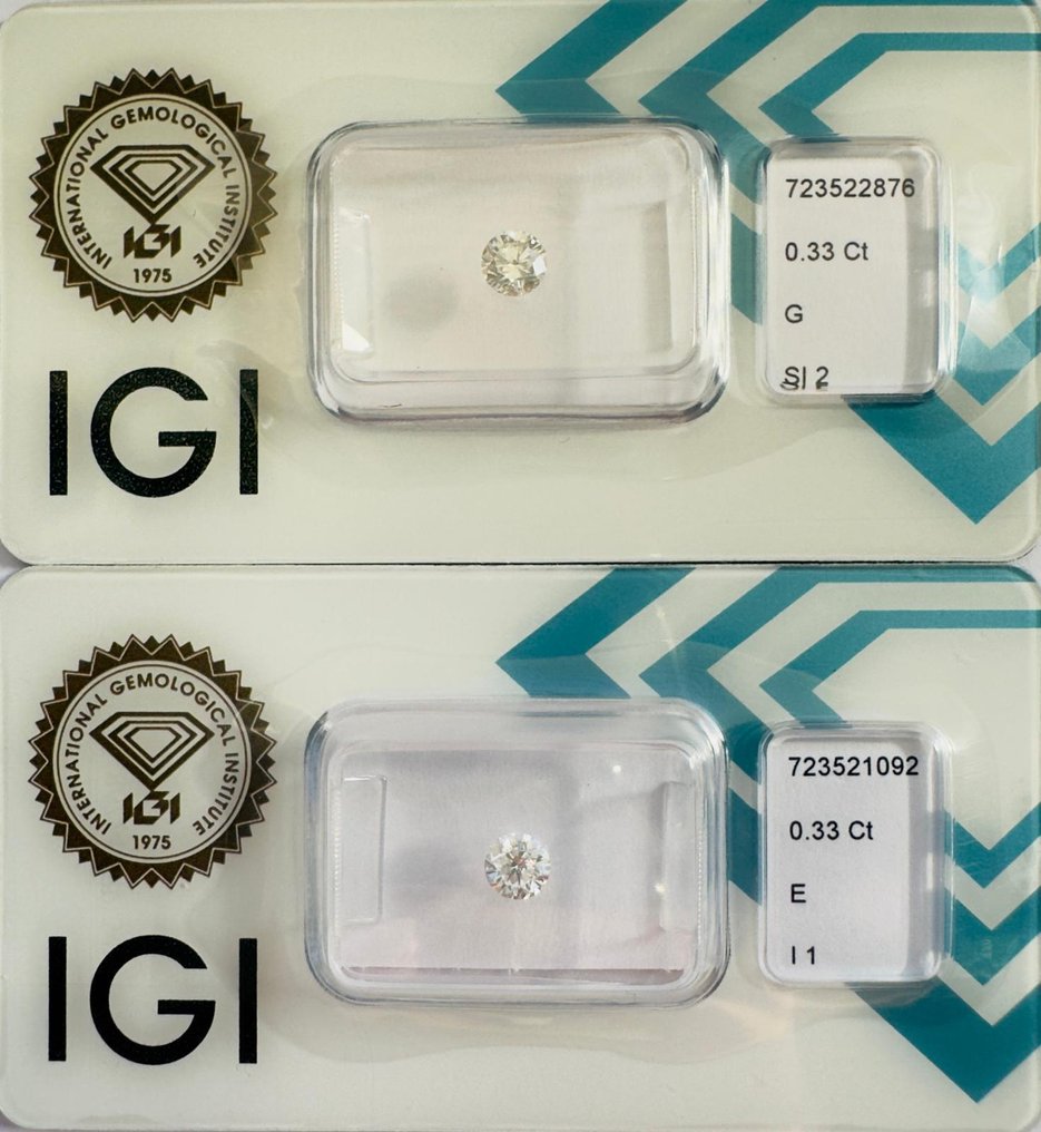 Fără preț de rezervă - 2 pcs Diamant (Natural) - 0.66 ct - Rotund - E, G - SI2, I1 - IGI (Institutul gemologic internațional) - *Pair* *EX VG* #1.0