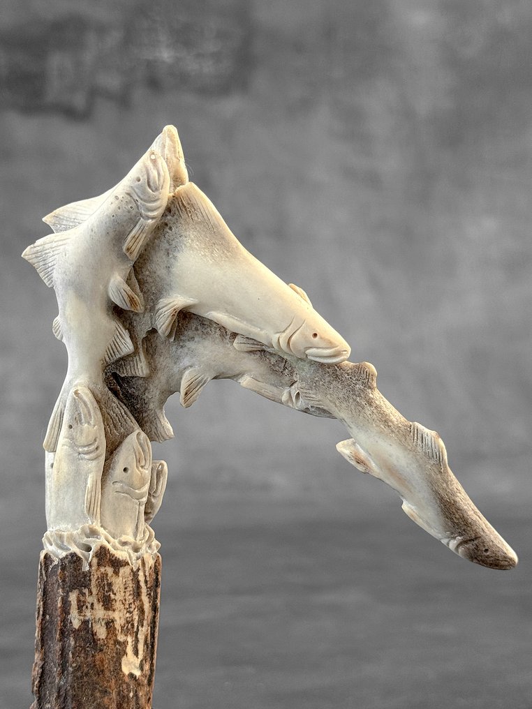 Rzeźba, NO RESERVE PRICE - Stunning Salmons carving from deer antler on a custom stand - 17 cm - poroże jelenia - 2025 #1.0