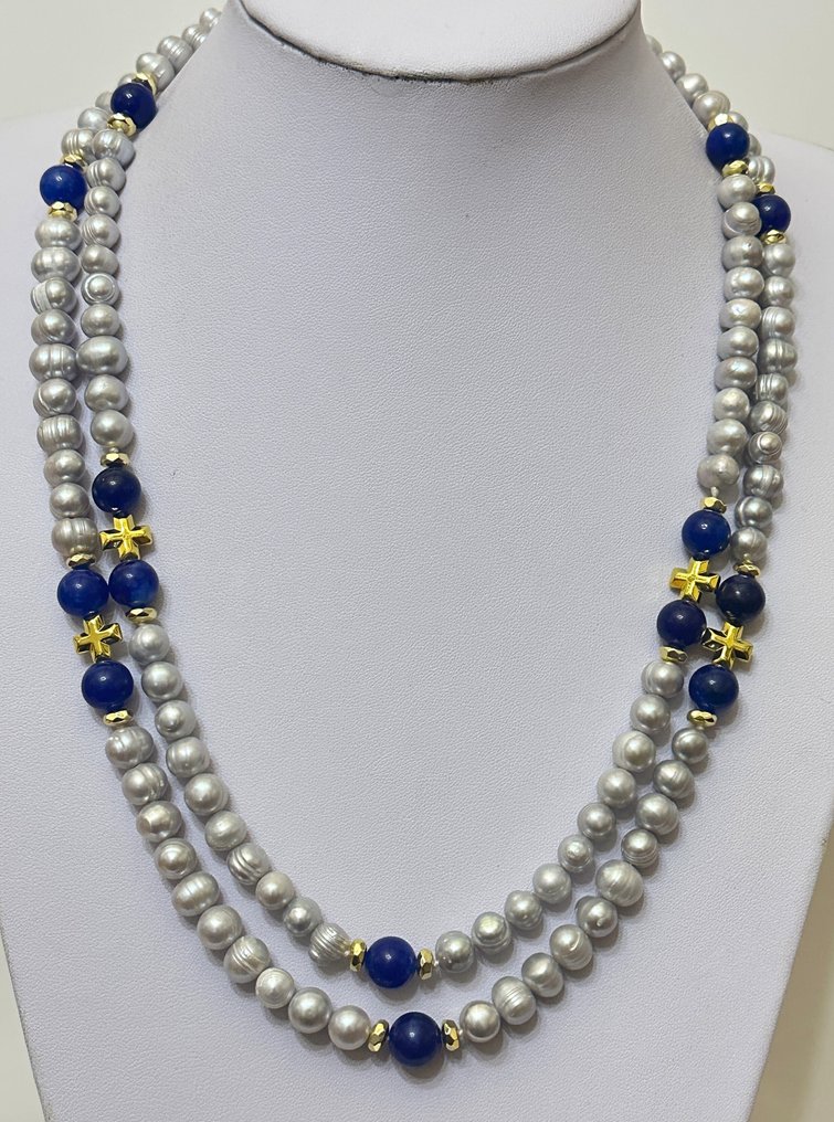 淡水灰色珍珠、AAA级,以及蓝色软玉配有血铁矿十字架。 - 吊墜頸鏈 - 高品质 925 银。 #1.0