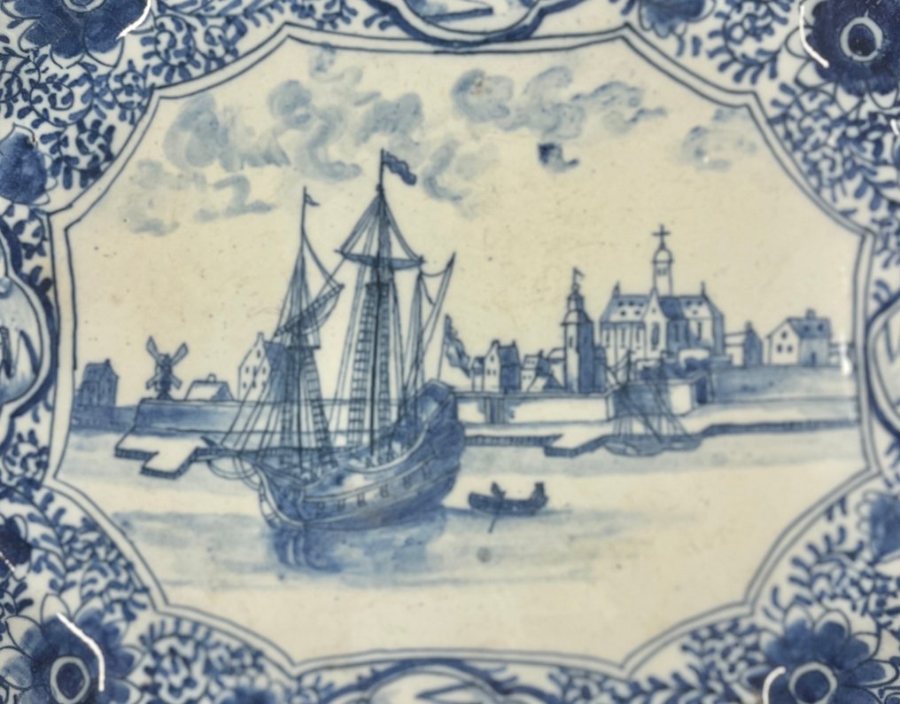 Delft, Plateelbakkerij - Talerz - Scena Portuale - Majolika #2.1
