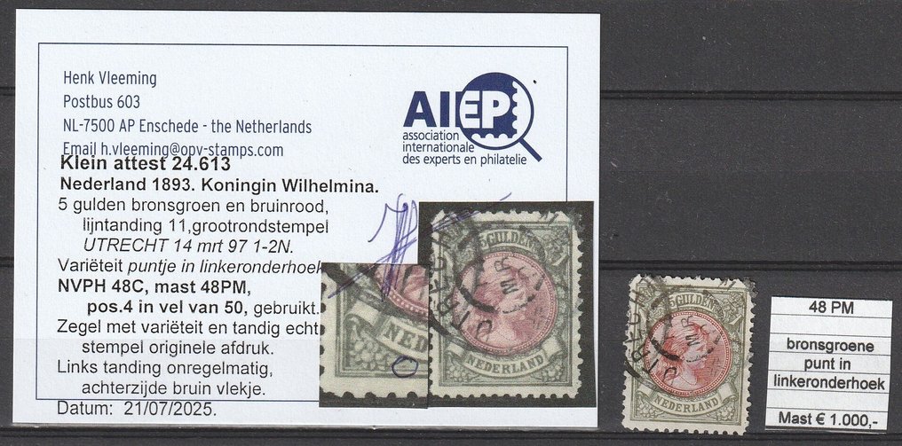 荷兰 1896 - 5 古登·威廉明娜女王，左下角的青铜绿色点 - MAST 48C PM, plaatfout #1.0